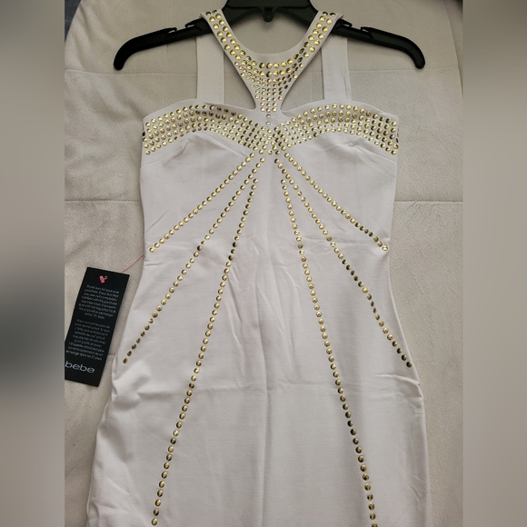 Bebe Dresses | Bebe White Dress With Gold Studs | Color: Gold/White | Size: Xs | Vanesae19's Closet